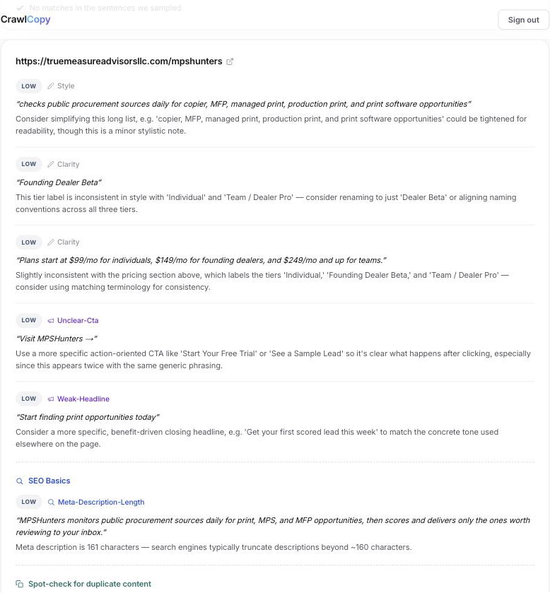 CrawlCopy report for the MPSHunters page with severity-rated suggestions and an SEO meta description check.