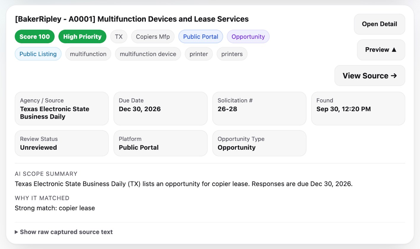 MPSHunters lead card for a Texas copier lease opportunity, scored 100 and high priority, with an AI scope summary and match reason